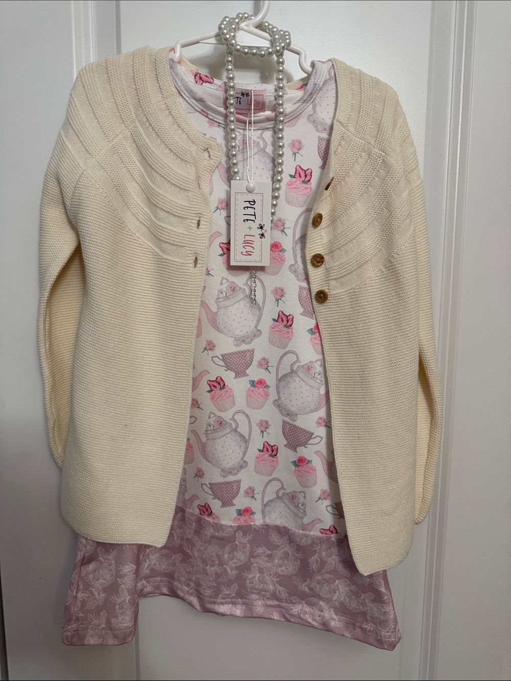 Cream Cardigan with Pink Tea-Print Dress - Girls